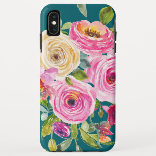 Watercolor Roses in Pink and Cream on Teal iPhone XS Max Case