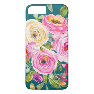 Watercolor Roses in Pink and Cream on Teal iPhone 8 Plus/7 Plus Case