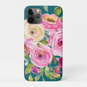 Watercolor Roses in Pink and Cream on Teal iPhone 11 Pro Case