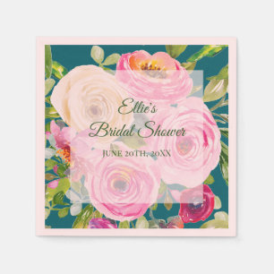 Watercolor Roses in Pink and Cream on Teal Napkin