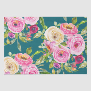 Watercolor Roses in Pink and Cream on Teal Tissue Paper