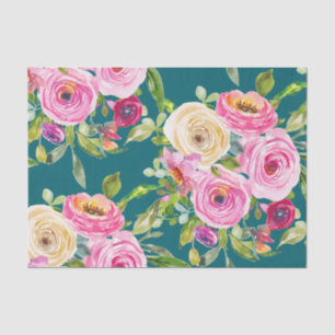 Watercolor Roses in Pink and Cream on Teal Tissue Paper