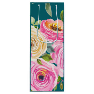 Watercolor Roses in Pink and Cream on Teal Wine Gift Bag