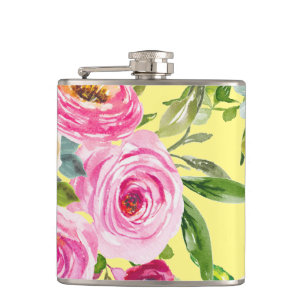 Watercolor Roses in Pink and Cream on Yellow Hip Flask