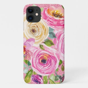 Watercolor Roses in Pink and Cream Pink Glitter iPhone 11 Case