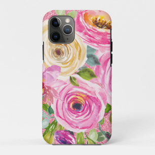 Watercolor Roses in Pink and Cream Pink Glitter iPhone 11 Pro Case