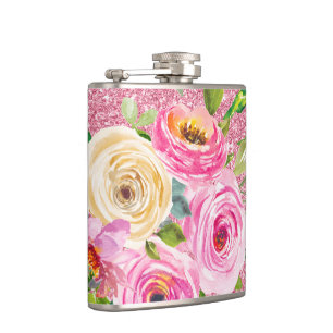 Watercolor Roses in Pink and Cream Pink Glitter Hip Flask