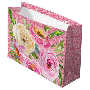 Watercolor Roses in Pink and Cream Pink Glitter Large Gift Bag