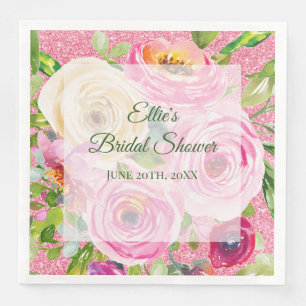 Watercolor Roses in Pink and Cream Pink Glitter Napkin