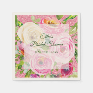 Watercolor Roses in Pink and Cream Pink Glitter Napkin