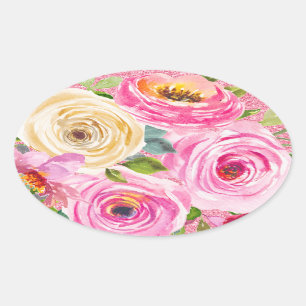 Watercolor Roses in Pink and Cream Pink Glitter Oval Sticker