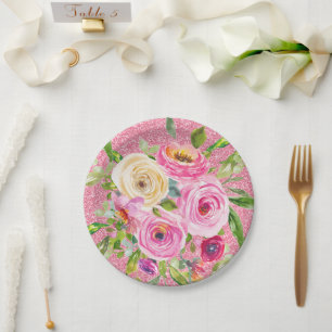 Watercolor Roses in Pink and Cream Pink Glitter Paper Plate