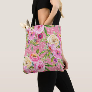 Watercolor Roses in Pink and Cream Pink Glitter Tote Bag