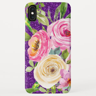 Watercolor Roses in Pink and Cream Purple Glitter iPhone XS Max Case