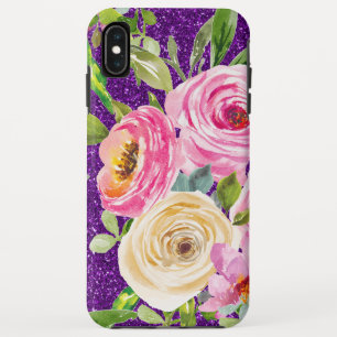Watercolor Roses in Pink and Cream Purple Glitter iPhone XS Max Case