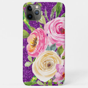 Watercolor Roses in Pink and Cream Purple Glitter iPhone 11 Pro Max Case