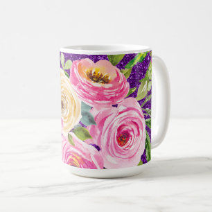 Watercolor Roses in Pink and Cream Purple Glitter Coffee Mug