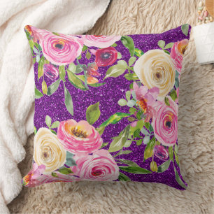 Watercolor Roses in Pink and Cream Purple Glitter Cushion
