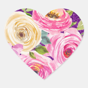 Watercolor Roses in Pink and Cream Purple Glitter Heart Sticker