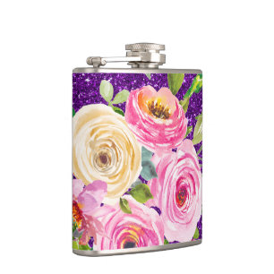 Watercolor Roses in Pink and Cream Purple Glitter Hip Flask