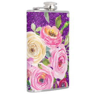 Watercolor Roses in Pink and Cream Purple Glitter Hip Flask