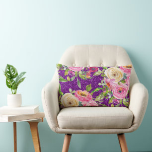 Watercolor Roses in Pink and Cream Purple Glitter Lumbar Cushion