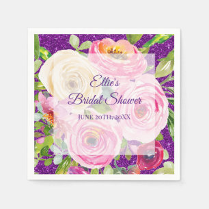 Watercolor Roses in Pink and Cream Purple Glitter Napkin