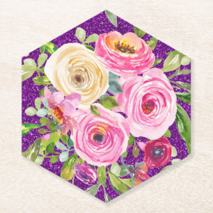 Watercolor Roses in Pink and Cream Purple Glitter Paper Coaster