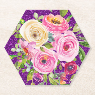 Watercolor Roses in Pink and Cream Purple Glitter Paper Coaster