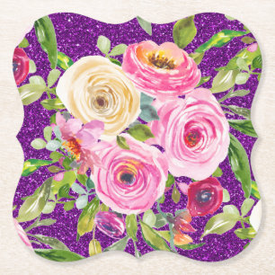 Watercolor Roses in Pink and Cream Purple Glitter Paper Coaster