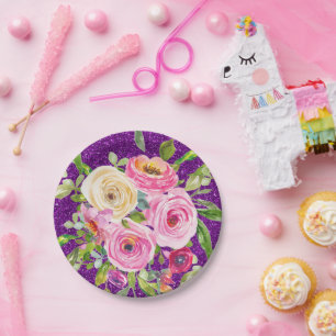 Watercolor Roses in Pink and Cream Purple Glitter Paper Plate
