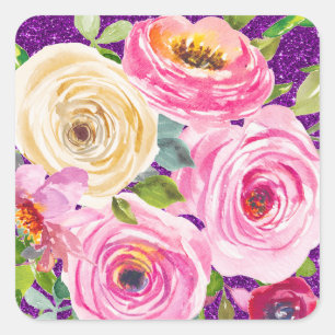 Watercolor Roses in Pink and Cream Purple Glitter Square Sticker
