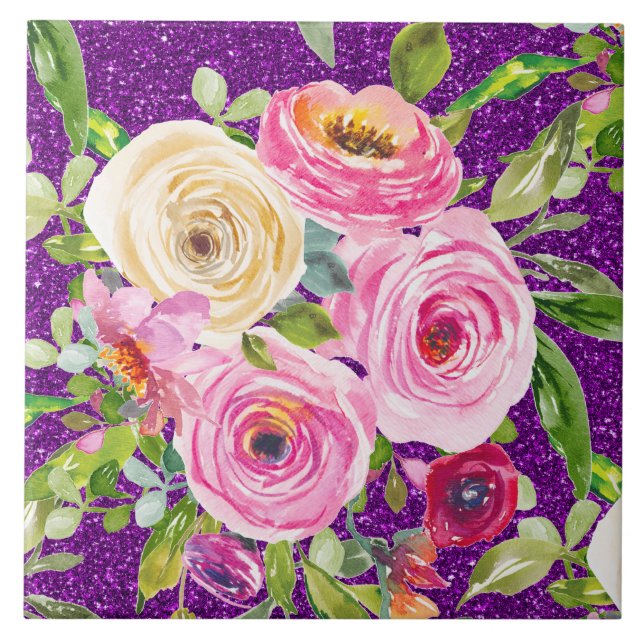 Watercolor Roses in Pink and Cream Purple Glitter Tile (Front)