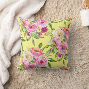 Watercolor Roses in Pink and Red on Yellow Cushion