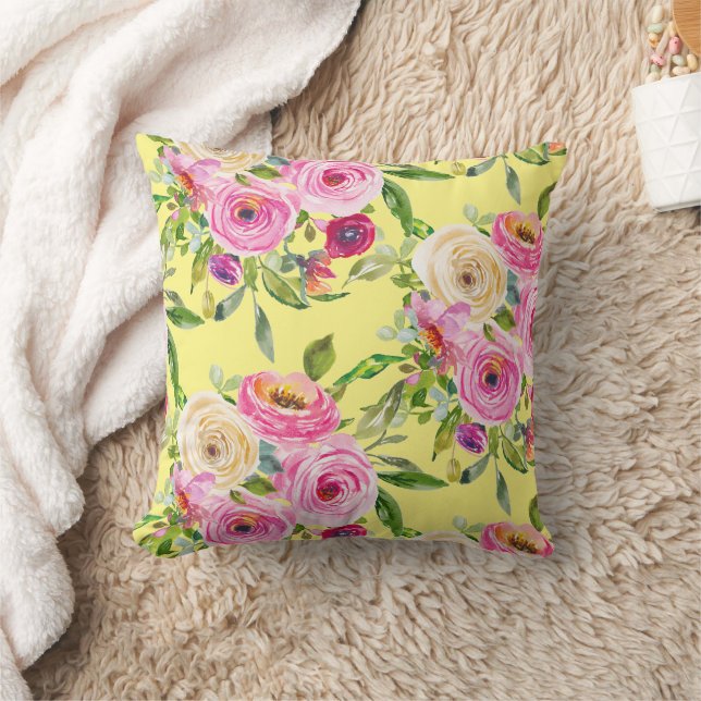 Watercolor Roses in Pink and Red on Yellow Cushion (Blanket)