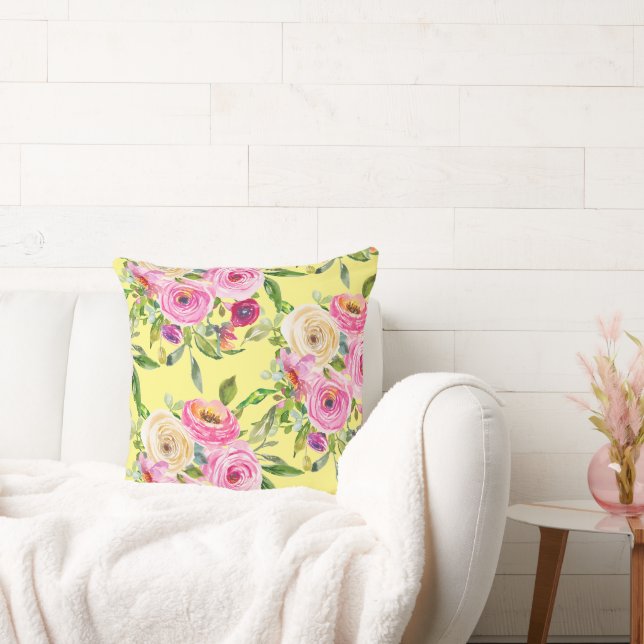 Watercolor Roses in Pink and Red on Yellow Cushion (Couch)