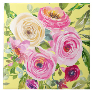 Watercolor Roses in Pink and Red on Yellow Tile