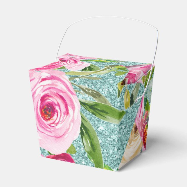Watercolor Roses in Pink Aqua Glitter Personalised Favour Box (Front Side)