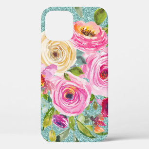 Watercolor Roses in Pink Cream Aqua Glitter      iPhone 12 Case
