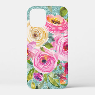 Watercolor Roses in Pink Cream Aqua Glitter     iPhone 12 Mini Case