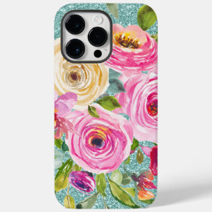 Watercolor Roses in Pink Cream Aqua Glitter Case-Mate iPhone 14 Pro Max Case