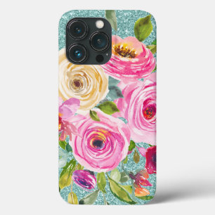 Watercolor Roses in Pink Cream Aqua Glitter   iPhone 13 Pro Case