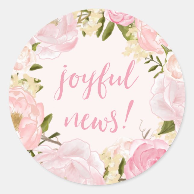 Watercolor Roses Joyful News Birth Announcement Classic Round Sticker (Front)