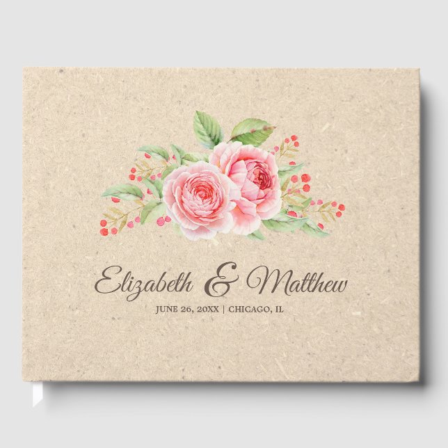 Watercolor Roses | Kraft Paper Wedding Guest Book (Front)