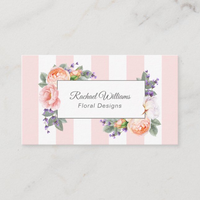 Watercolor Roses, Lavender and Pink Stripes Business Card (Front)