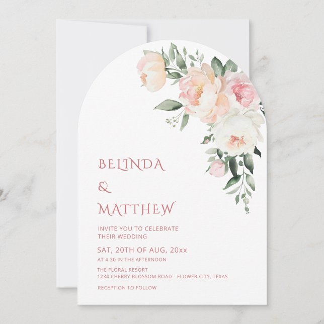 Watercolor Roses Modern Arched Wedding Invitation (Front)