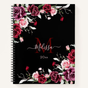 Watercolor Roses Monogram Black Notebook