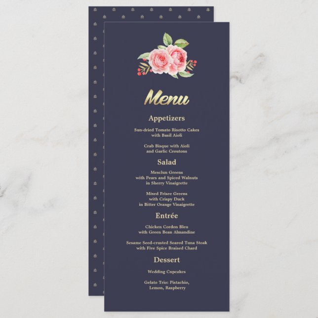 Watercolor Roses | Navy Blue Wedding Menu Card (Front/Back)