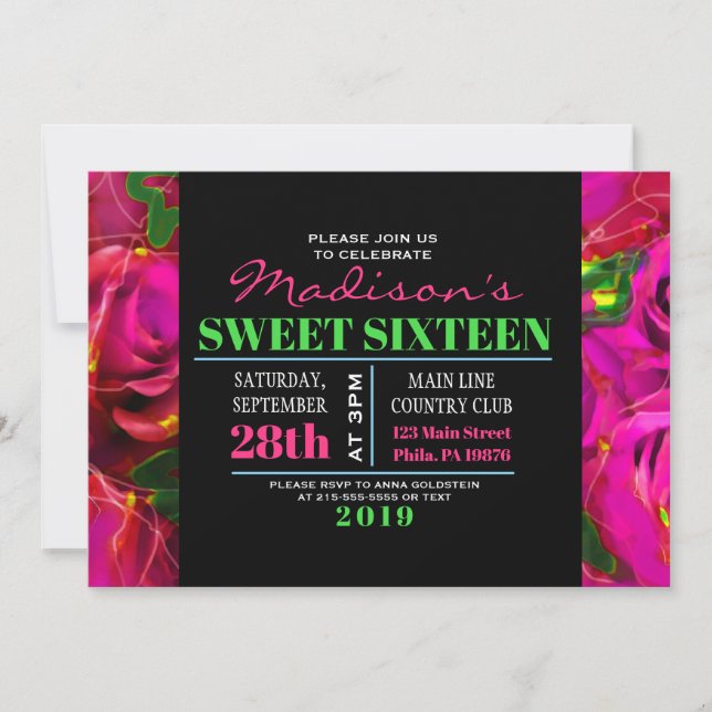 WATERCOLOR ROSES NEON Sweet Sixteen Invitation (Front)