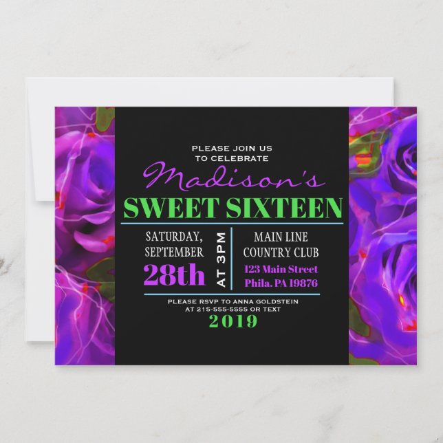 WATERCOLOR ROSES NEON Sweet Sixteen Invitation (Front)